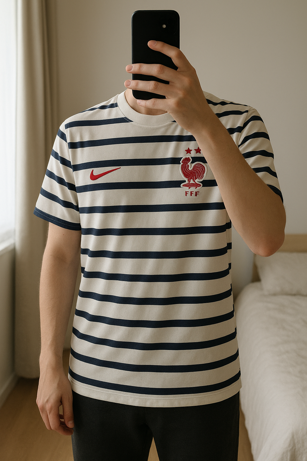 Maillot Nike FFF Dri-FIT Squad debout, face à la caméra, dans une chambre à la lumière douce, avec une lumière naturelle filtrant par la fenêtre.