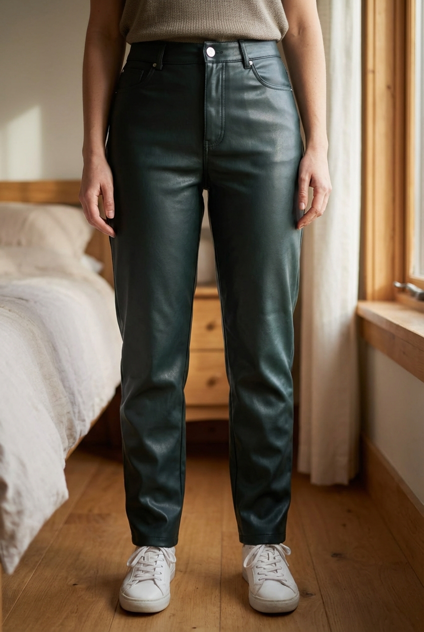 Pantalon noir en simili Zara TBE Taille 34 debout, face à la caméra, dans une chambre à la lumière douce, avec une lumière naturelle filtrant par la fenêtre.