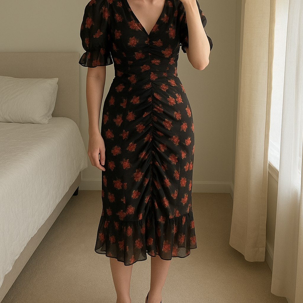 Une personne en Robe ZARA fleurie Taille S debout, face à la caméra, dans une chambre à la lumière douce, avec une lumière naturelle filtrant par la fenêtre.