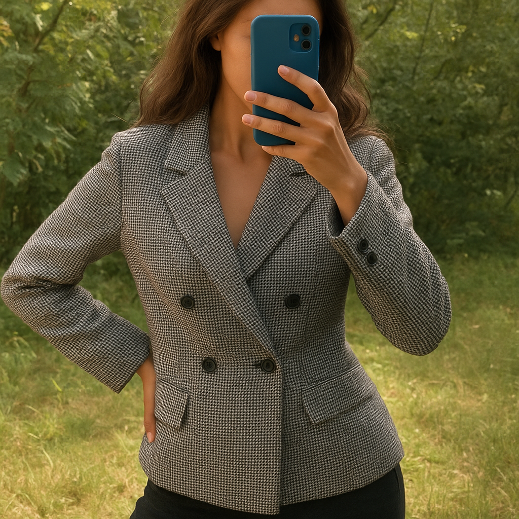 Une personne en Veste oversize à carreaux cambrant légèrement le dos pour une pose dynamique, avec une silhouette fine, en extérieur, dans un cadre naturel entouré de verdure et de lumière douce.