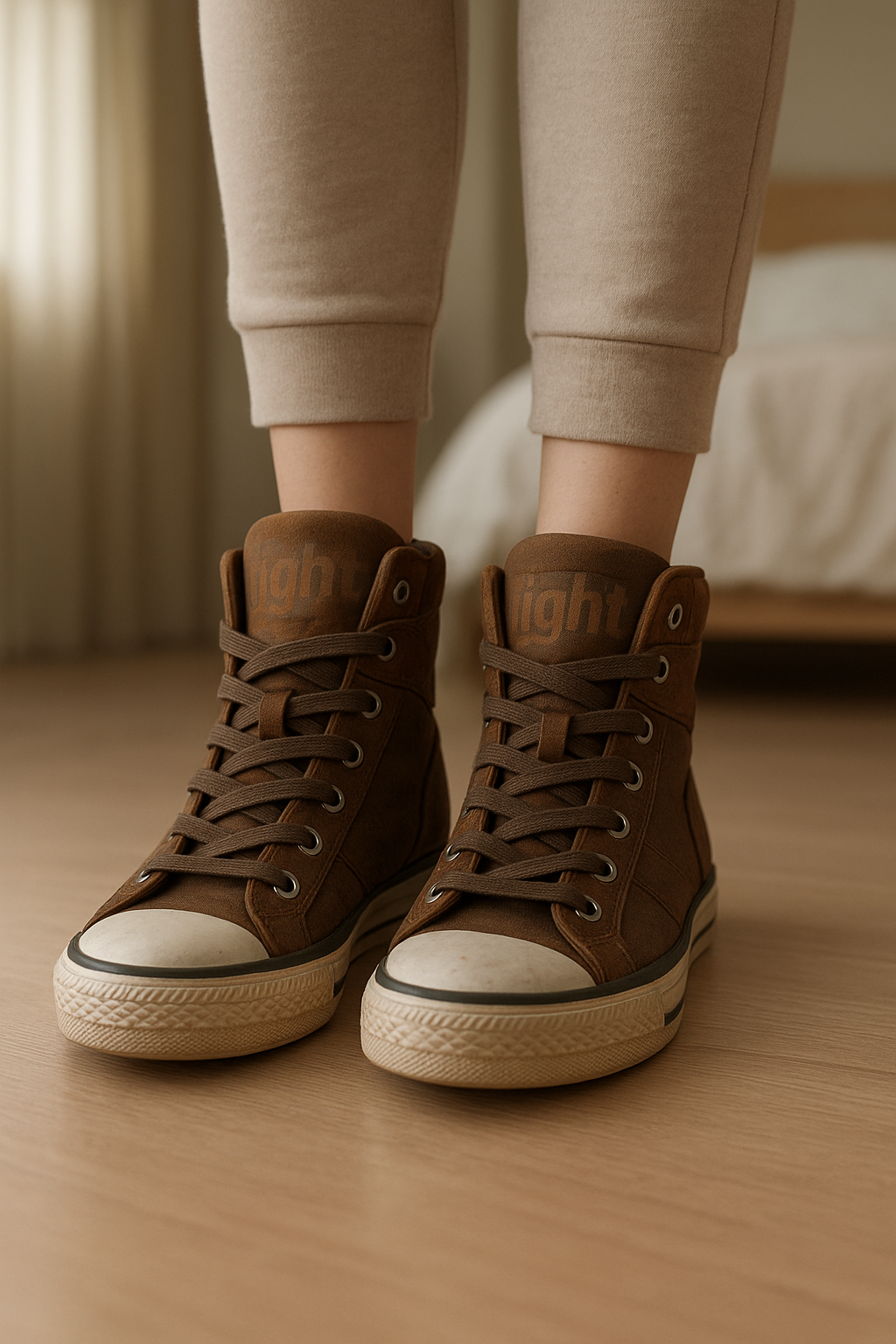 Chaussures BK British knight Femme P42 debout, face à la caméra, dans une chambre à la lumière douce, avec une lumière naturelle filtrant par la fenêtre.
