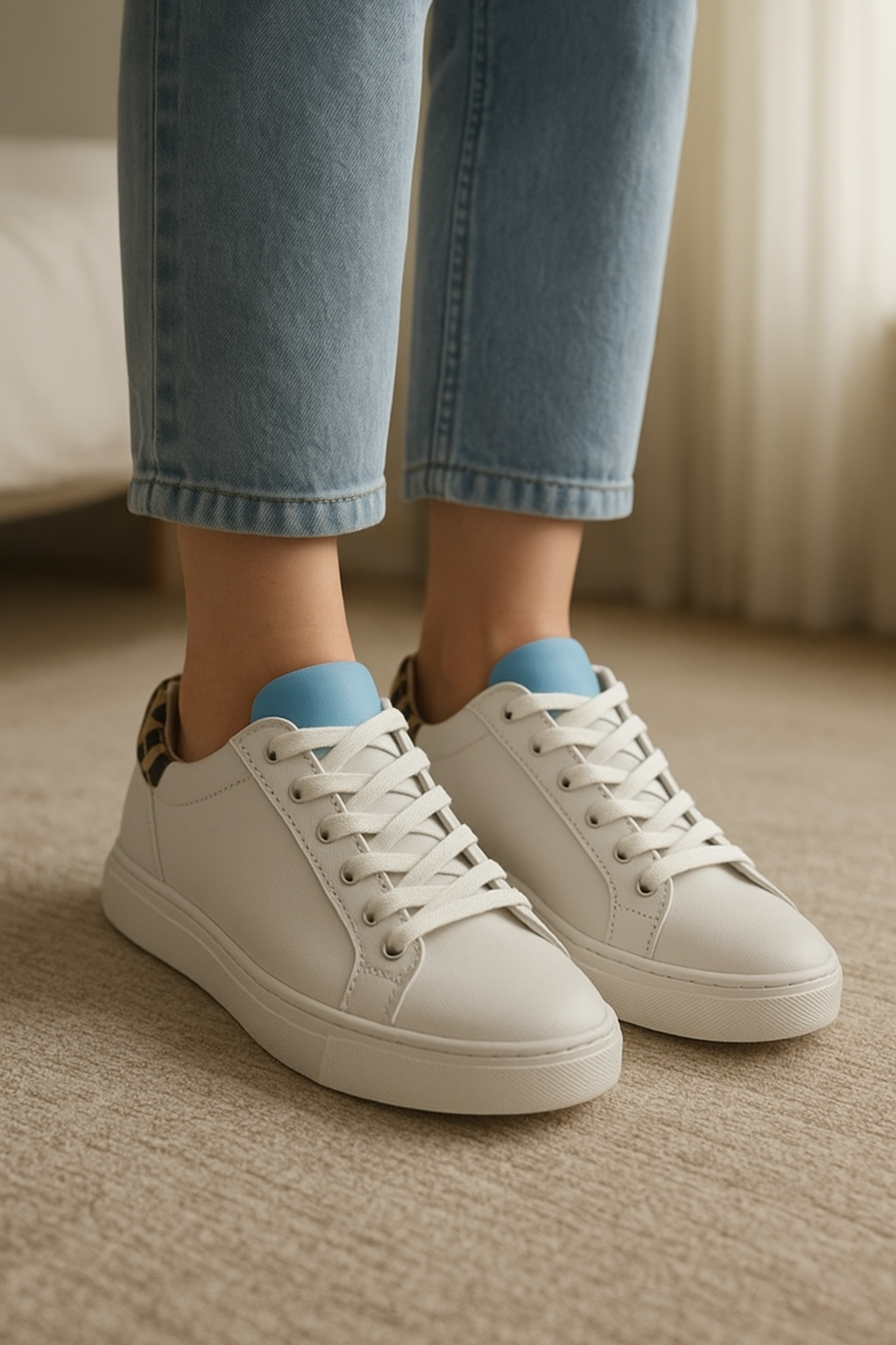 Baskets Axel Arigato neuves debout, face à la caméra, dans une chambre à la lumière douce, avec une lumière naturelle filtrant par la fenêtre.