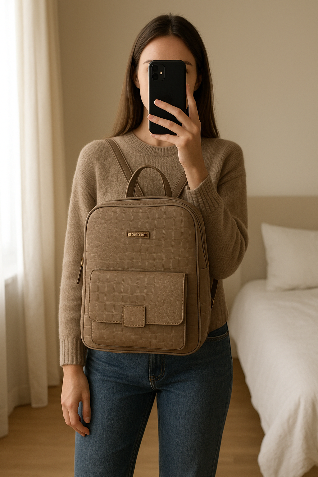 Sac a dos beige carré Shein debout, face à la caméra, dans une chambre à la lumière douce, avec une lumière naturelle filtrant par la fenêtre.