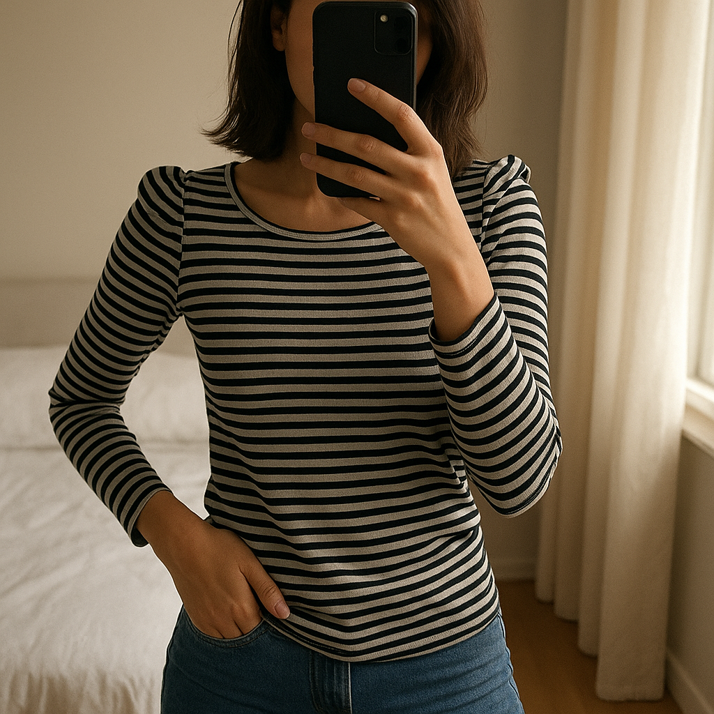 Una persona in Top manches 3/4 promod M - Maglietta Donna inarcando leggermente la schiena per una posa dinamica, in una camera da letto con luce soffusa e luce naturale che filtra dalla finestra.