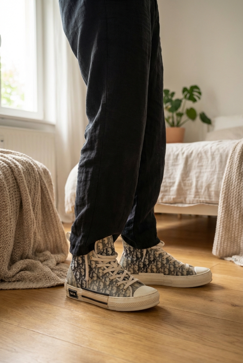 Une personne en 👟 Baskets Dior Oblique montantes blanches accroupi élégamment pour montrer le tombé et le mouvement du vêtement, dans une chambre à la lumière douce, avec une lumière naturelle filtrant par la fenêtre.