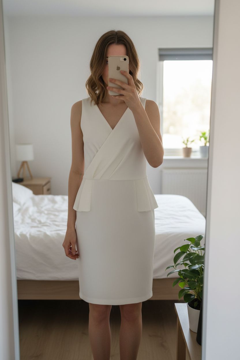 Robe crème Etam taille 38 debout, face à la caméra, dans une chambre à la lumière douce, avec une lumière naturelle filtrant par la fenêtre.