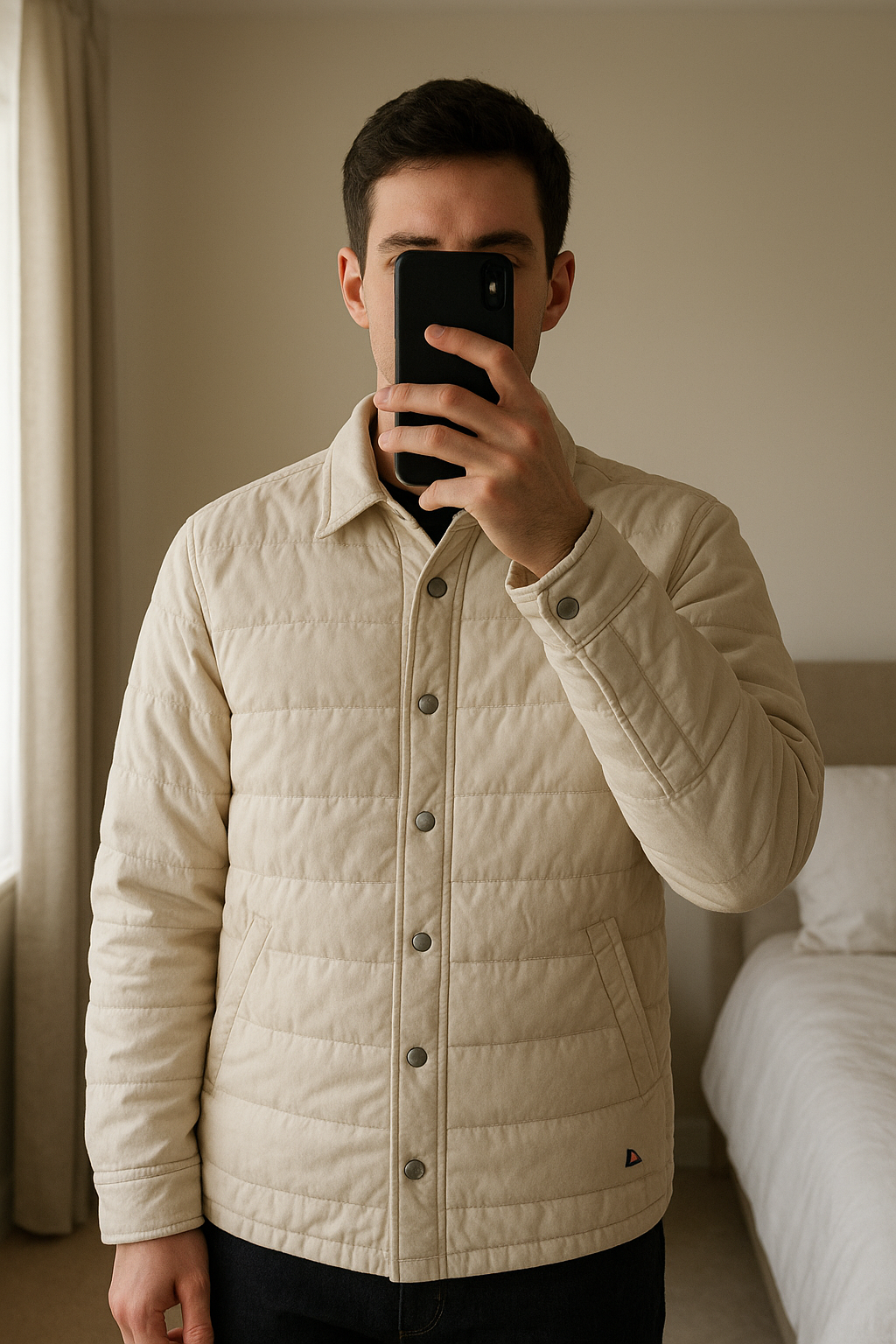 Veste épaisse homme debout, face à la caméra, dans une chambre à la lumière douce, avec une lumière naturelle filtrant par la fenêtre.