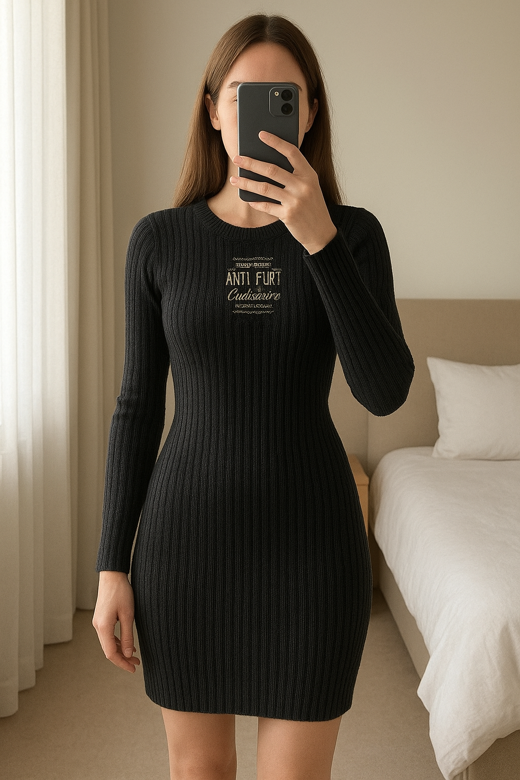 Robe noir neuve 100% cachemire debout, face à la caméra, dans une chambre à la lumière douce, avec une lumière naturelle filtrant par la fenêtre.