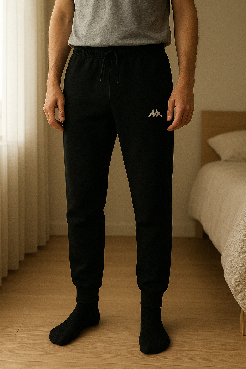 Pantalon élastiques KAPPA - taille M debout, face à la caméra, dans une chambre à la lumière douce, avec une lumière naturelle filtrant par la fenêtre.
