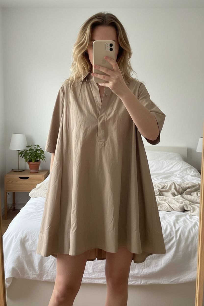Robe Mes Demoiselles taille 36 debout, face à la caméra, dans une chambre à la lumière douce, avec une lumière naturelle filtrant par la fenêtre.
