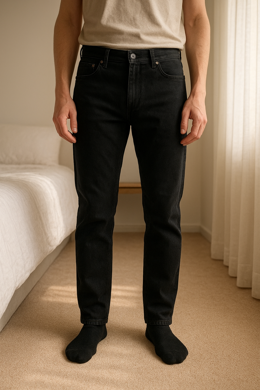 Black lightweight jeans standing straight facing the camera, in a softly lit bedroom setting, with gentle natural light filtering through a window.