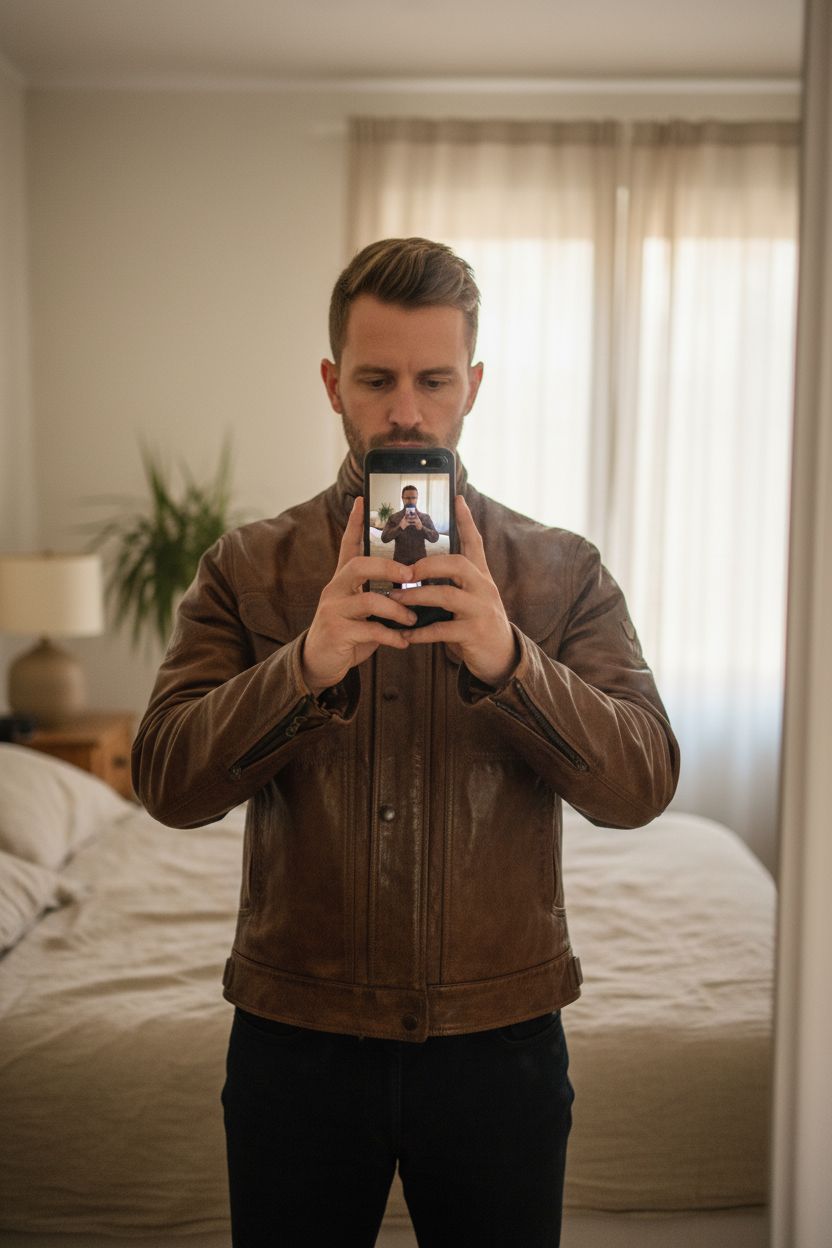 Blouson moto Matchless cuir pleine fleur marron patiné – L debout, face à la caméra, dans une chambre à la lumière douce, avec une lumière naturelle filtrant par la fenêtre.