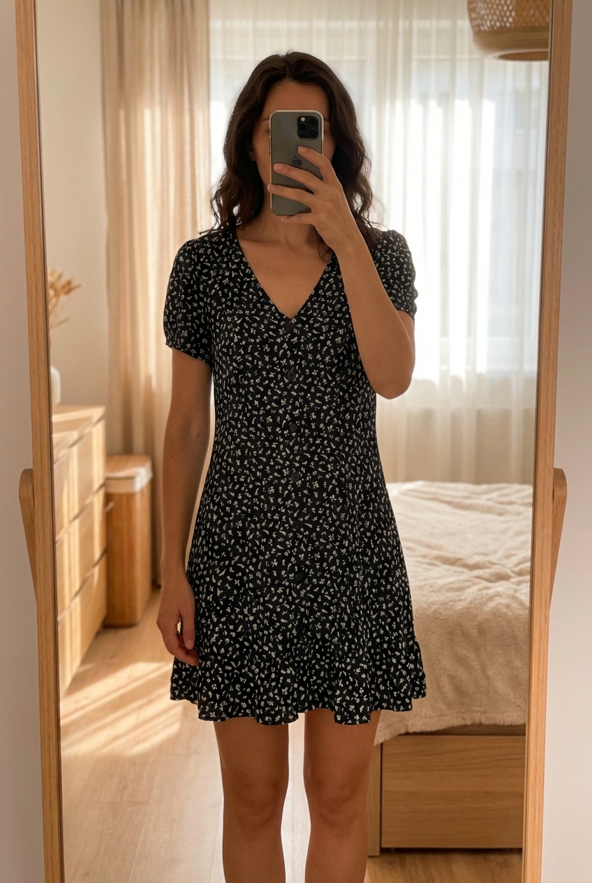 Eine Person in Verspieltes Kleid mit floralem Muster und Knöpfen | Gr. 40 aufrecht stehend, der Kamera zugewandt, mit schlanker Figur, in einem sanft beleuchteten Schlafzimmer, mit natürlichem Licht, das durch ein Fenster fällt.