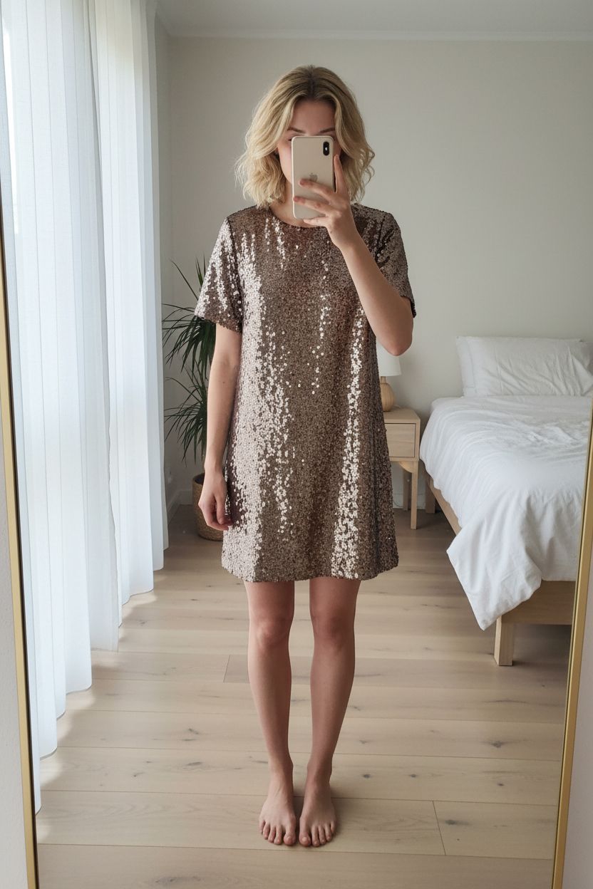 Robe sequins Charlior debout, face à la caméra, dans une chambre à la lumière douce, avec une lumière naturelle filtrant par la fenêtre.