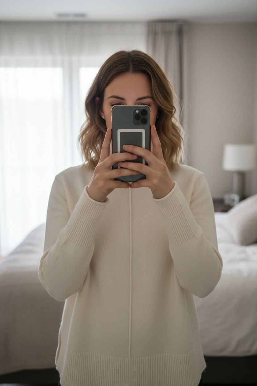 Pull col roulé Zara crème L debout, face à la caméra, dans une chambre à la lumière douce, avec une lumière naturelle filtrant par la fenêtre.
