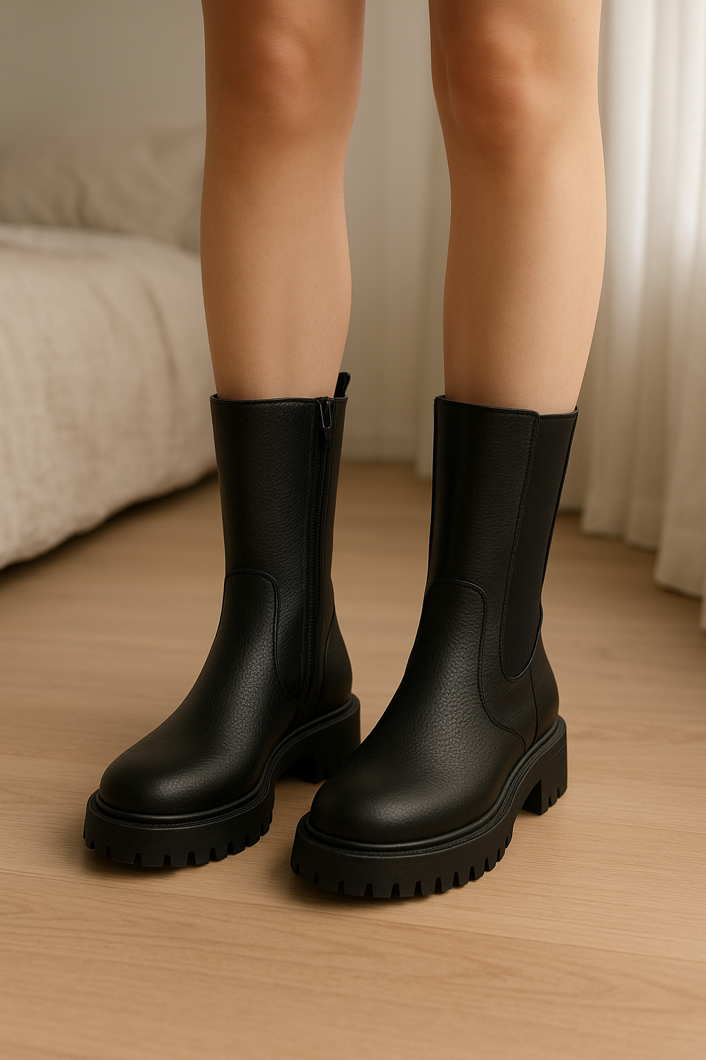 Bottines debout, face à la caméra, dans une chambre à la lumière douce, avec une lumière naturelle filtrant par la fenêtre.