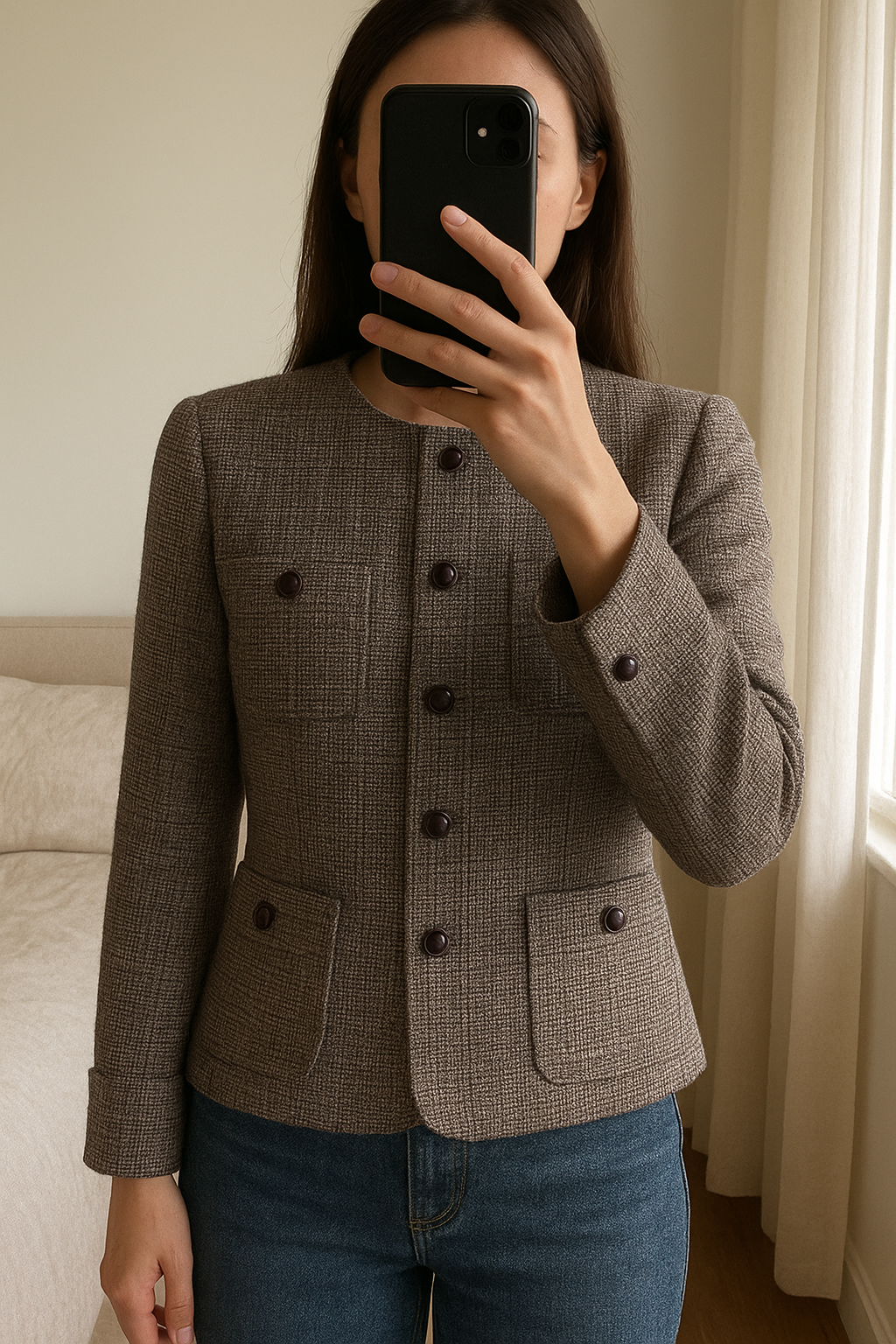 Giacca blazer vintage Max&Co. Classics in piedi, rivolto verso la fotocamera, in una camera da letto con luce soffusa e luce naturale che filtra dalla finestra.