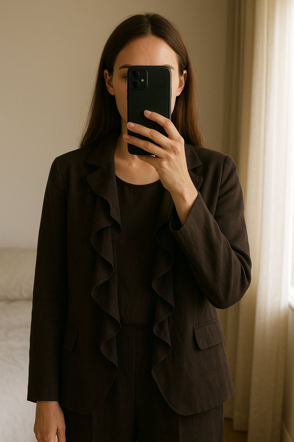 Completo Missoni in piedi, rivolto verso la fotocamera, in una camera da letto con luce soffusa e luce naturale che filtra dalla finestra.