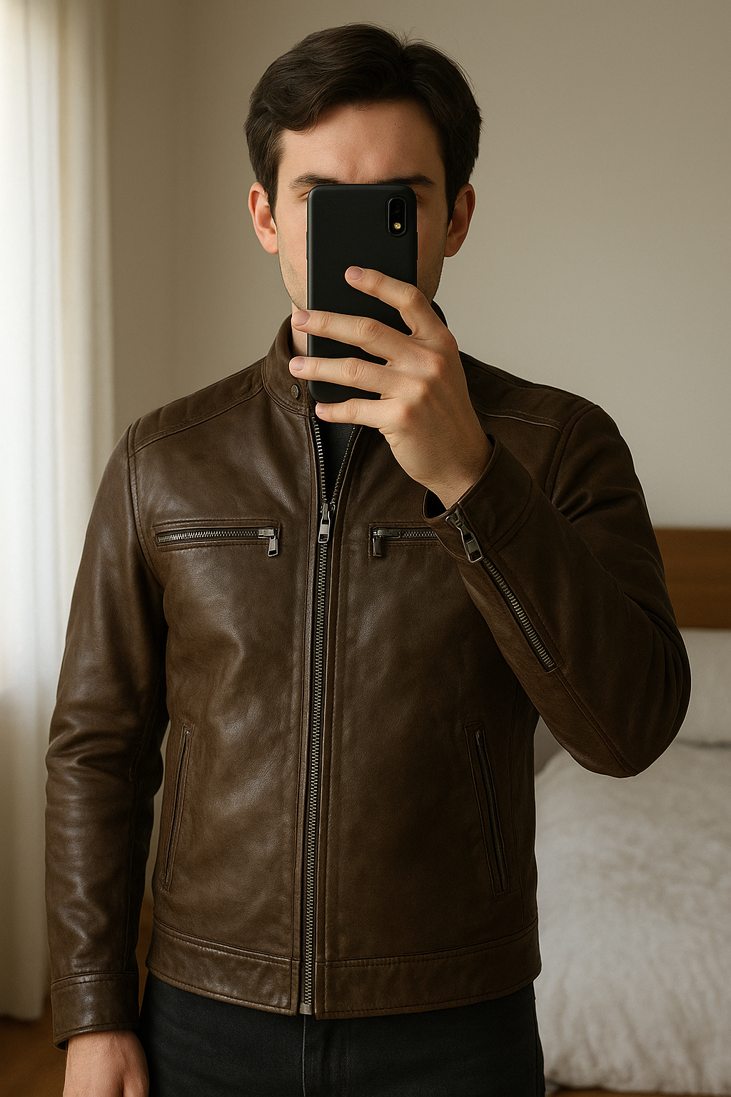 Veste Pull&Bear en cuir marron foncé – S debout, face à la caméra, dans une chambre à la lumière douce, avec une lumière naturelle filtrant par la fenêtre.