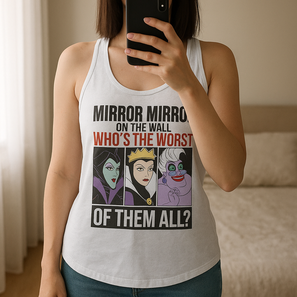 FB Sister Disney trikó standing straight facing the camera, in a softly lit bedroom setting, with gentle natural light filtering through a window.