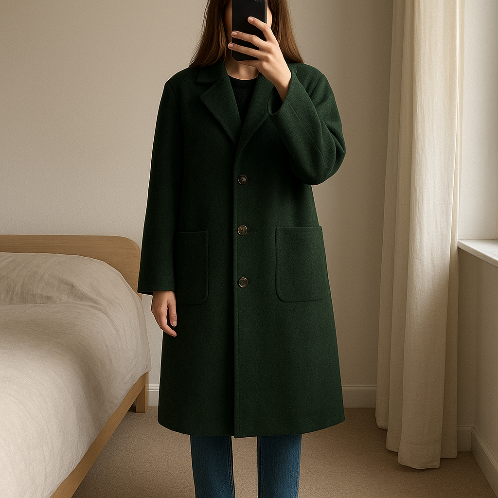 Manteau long laine Monoprix en laine debout, face à la caméra, dans une chambre à la lumière douce, avec une lumière naturelle filtrant par la fenêtre.