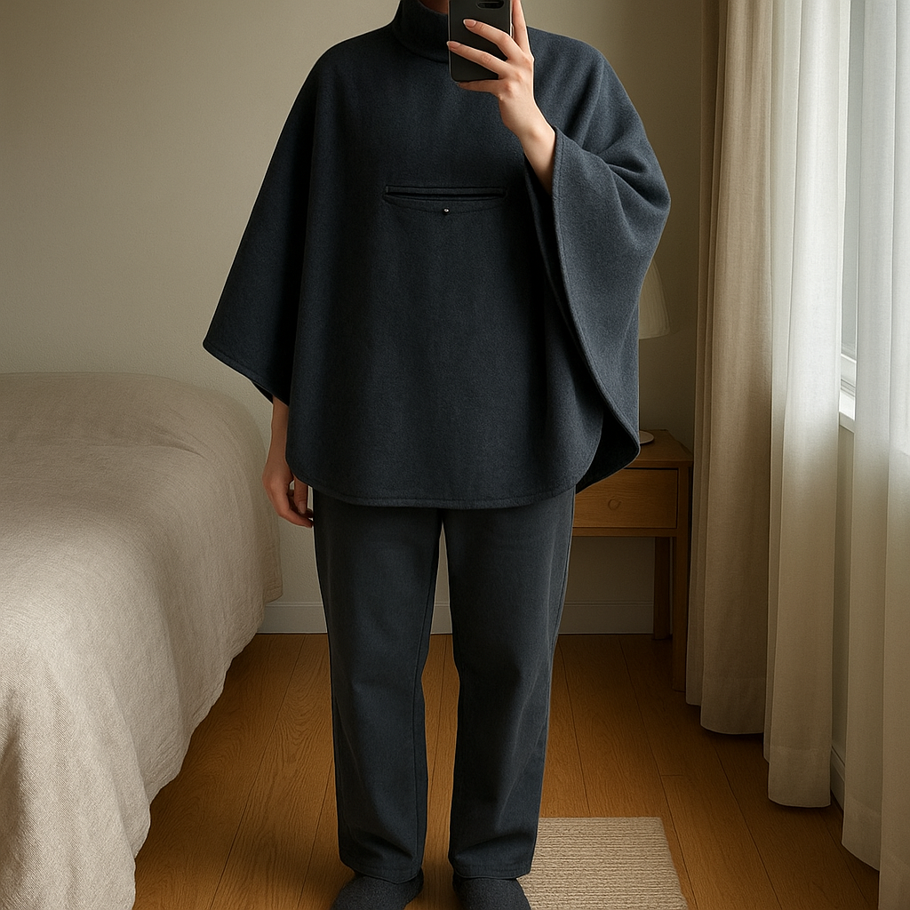 Poncho de portage - grossesse debout, face à la caméra, dans une chambre à la lumière douce, avec une lumière naturelle filtrant par la fenêtre.