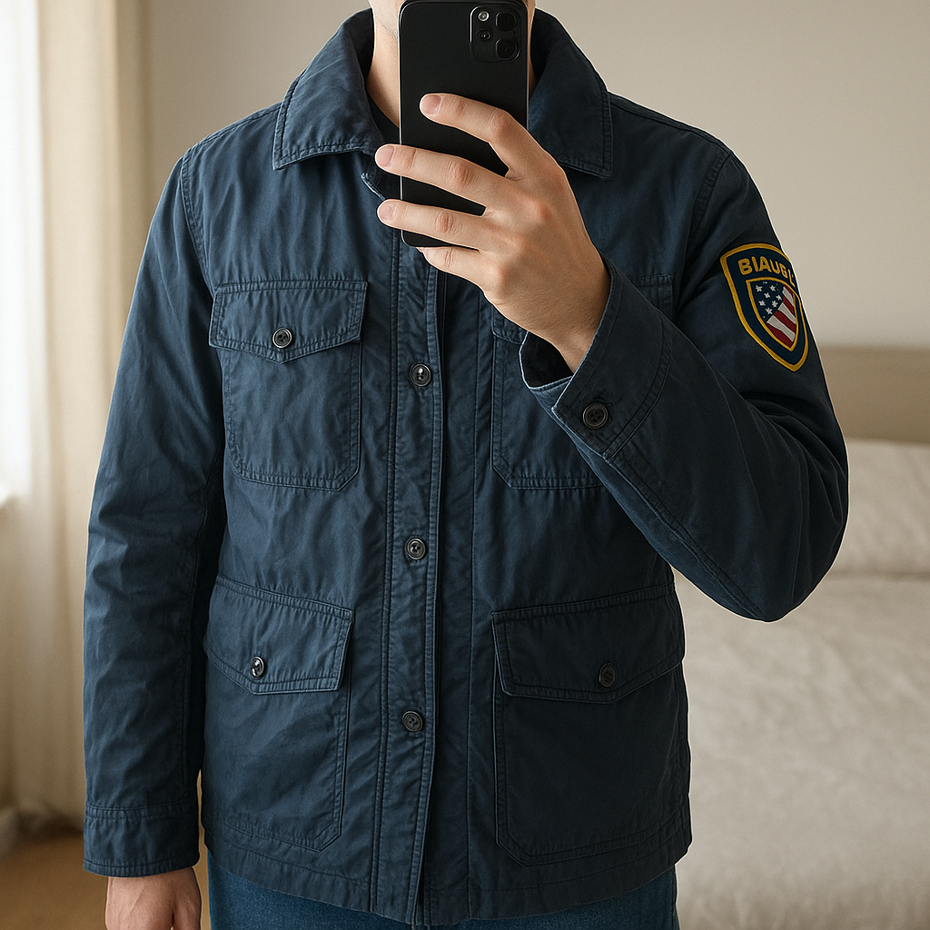 Bombers homme us taille L marque blauer debout, face à la caméra, dans une chambre à la lumière douce, avec une lumière naturelle filtrant par la fenêtre.