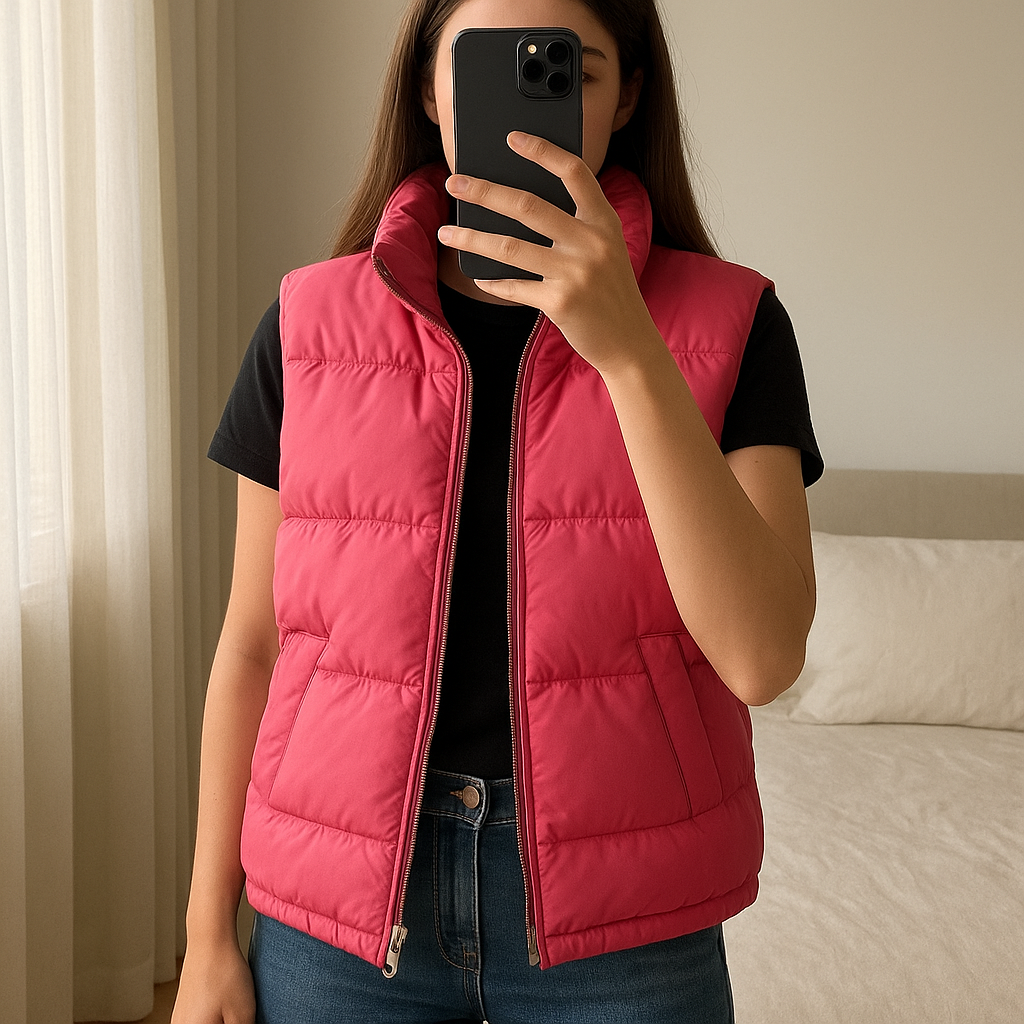 Veste sans manche Fushia debout, face à la caméra, dans une chambre à la lumière douce, avec une lumière naturelle filtrant par la fenêtre.
