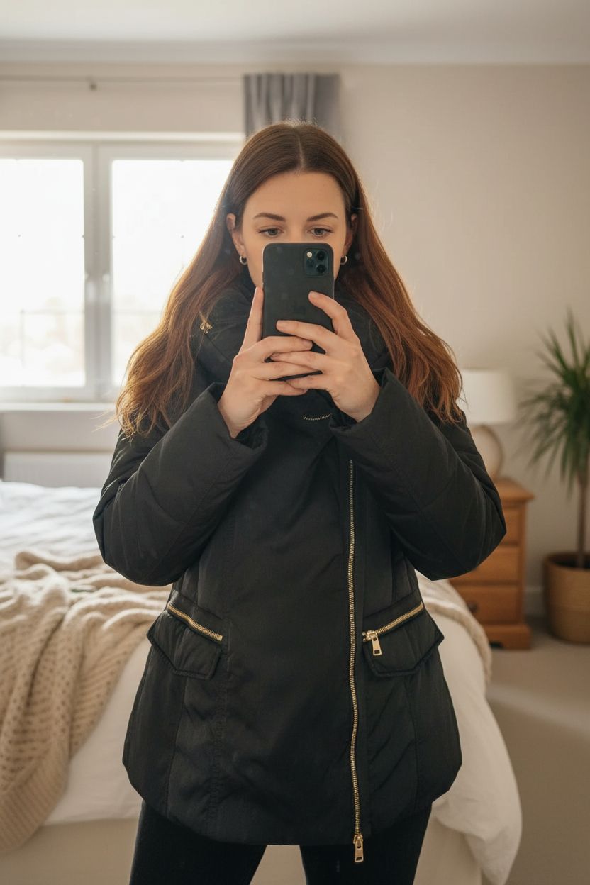 Next black jacket UK 14 puffer oversized collar padded hidden hood raincoat driving school run standing straight facing the camera, in a softly lit bedroom setting, with gentle natural light filtering through a window.
