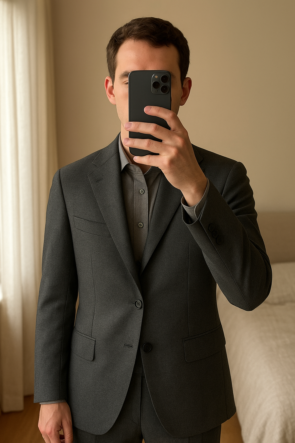 Veste Blazer Zara Homme -taille 52 -gris anthracite debout, face à la caméra, dans une chambre à la lumière douce, avec une lumière naturelle filtrant par la fenêtre.