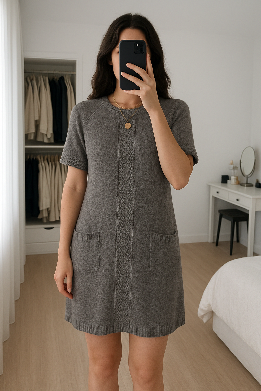 🔥Robe grise en maille Gérard darel debout, face à la caméra, dans une chambre à la lumière douce, avec une lumière naturelle filtrant par la fenêtre.