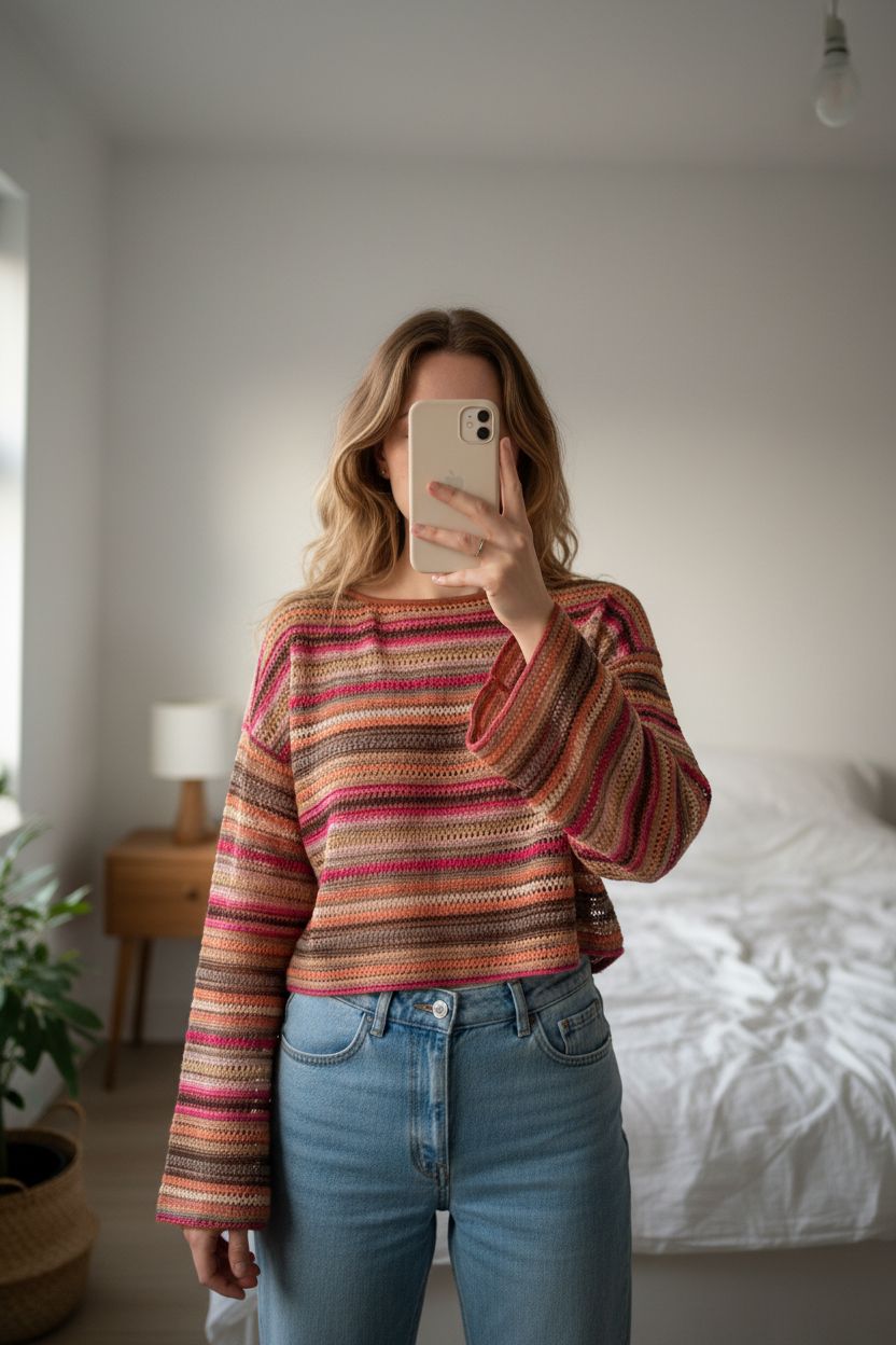 Top corti estate Donna M pull court été femme M - in piedi, rivolto verso la fotocamera, in una camera da letto con luce soffusa e luce naturale che filtra dalla finestra.