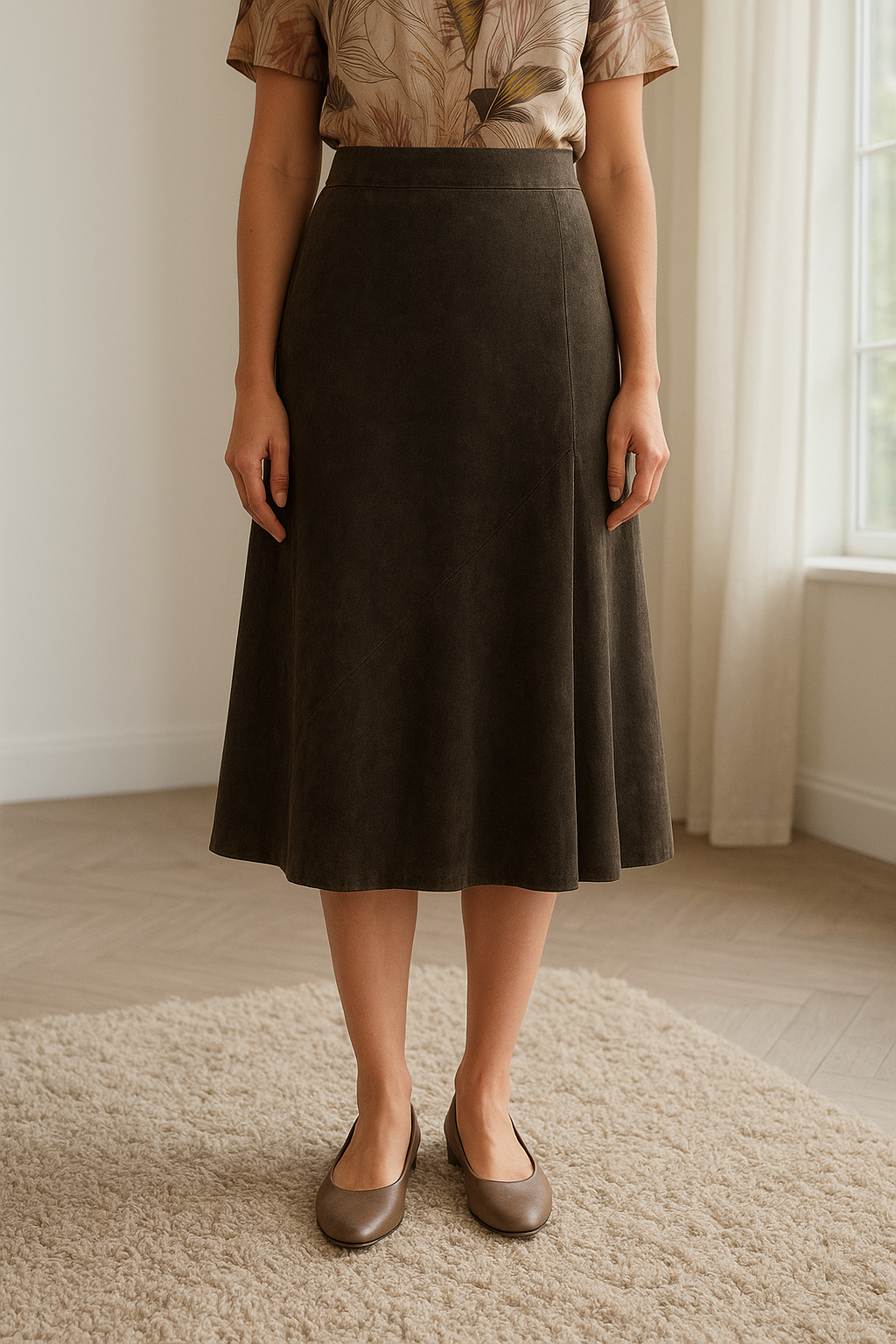 MANGO Leather midi skirt. Asymmetric hem. Size 14 standing straight facing the camera, in a softly lit bedroom setting, with gentle natural light filtering through a window.
