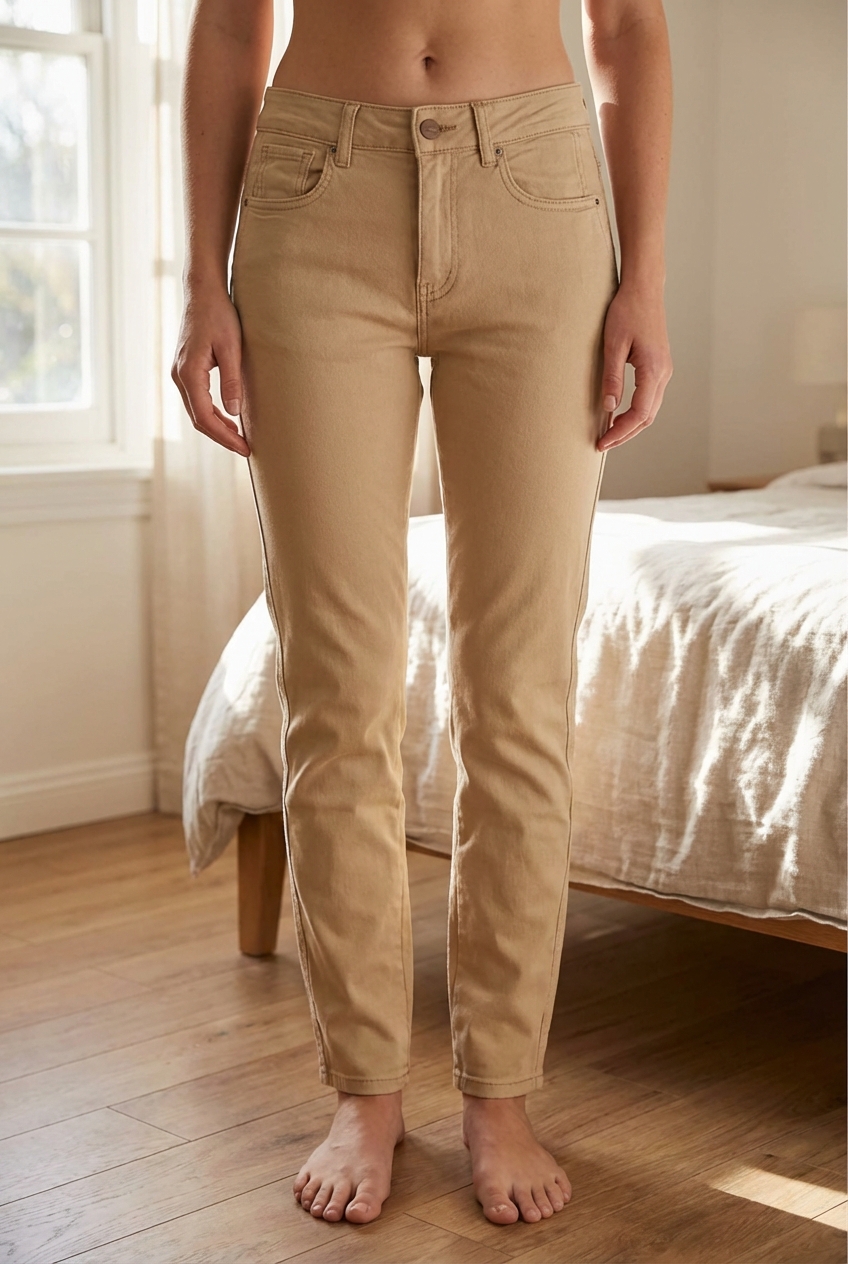 Jean boyfriend sable debout, face à la caméra, dans une chambre à la lumière douce, avec une lumière naturelle filtrant par la fenêtre.