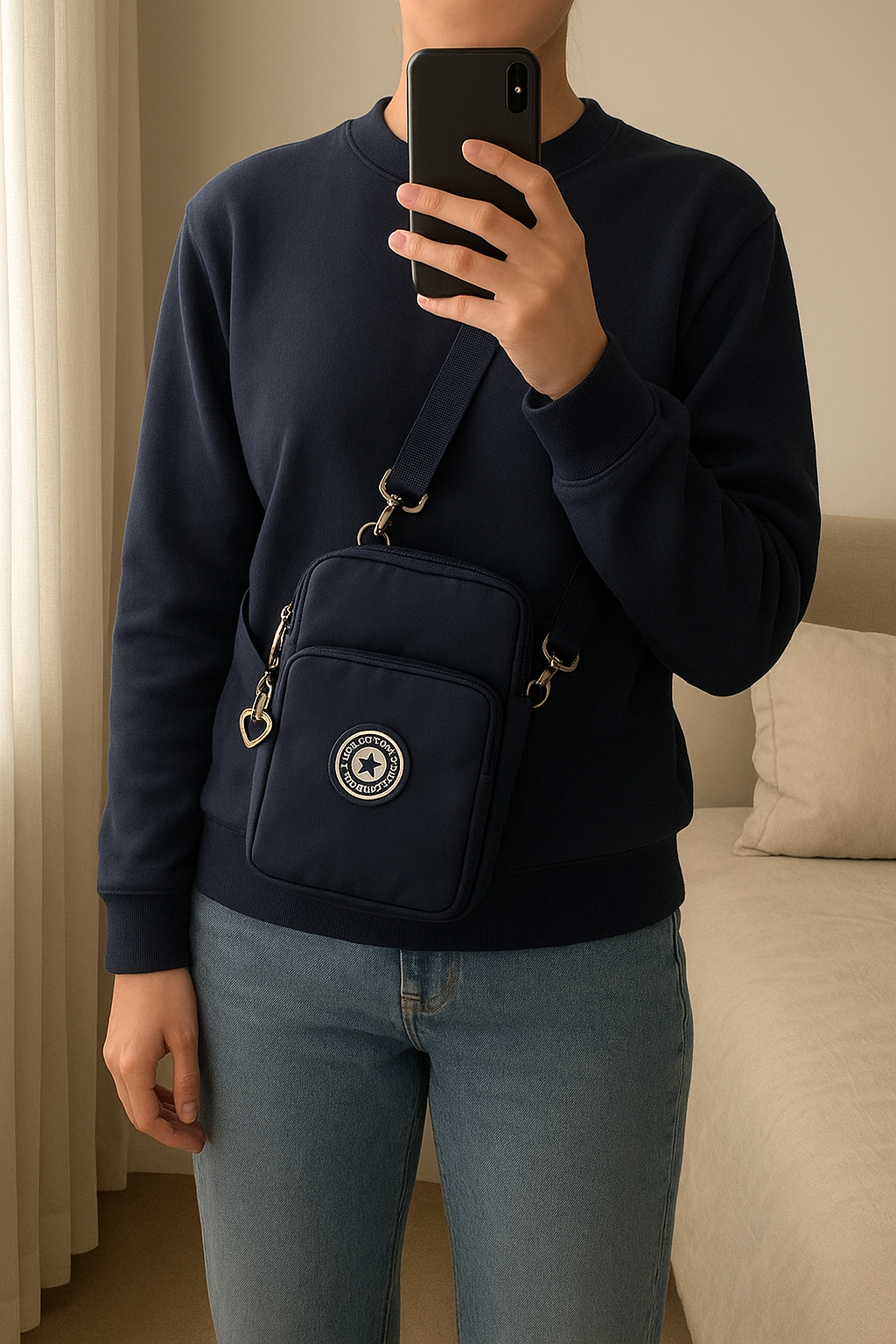 Petit Sac Bandoulière Couleur Marine debout, face à la caméra, dans une chambre à la lumière douce, avec une lumière naturelle filtrant par la fenêtre.