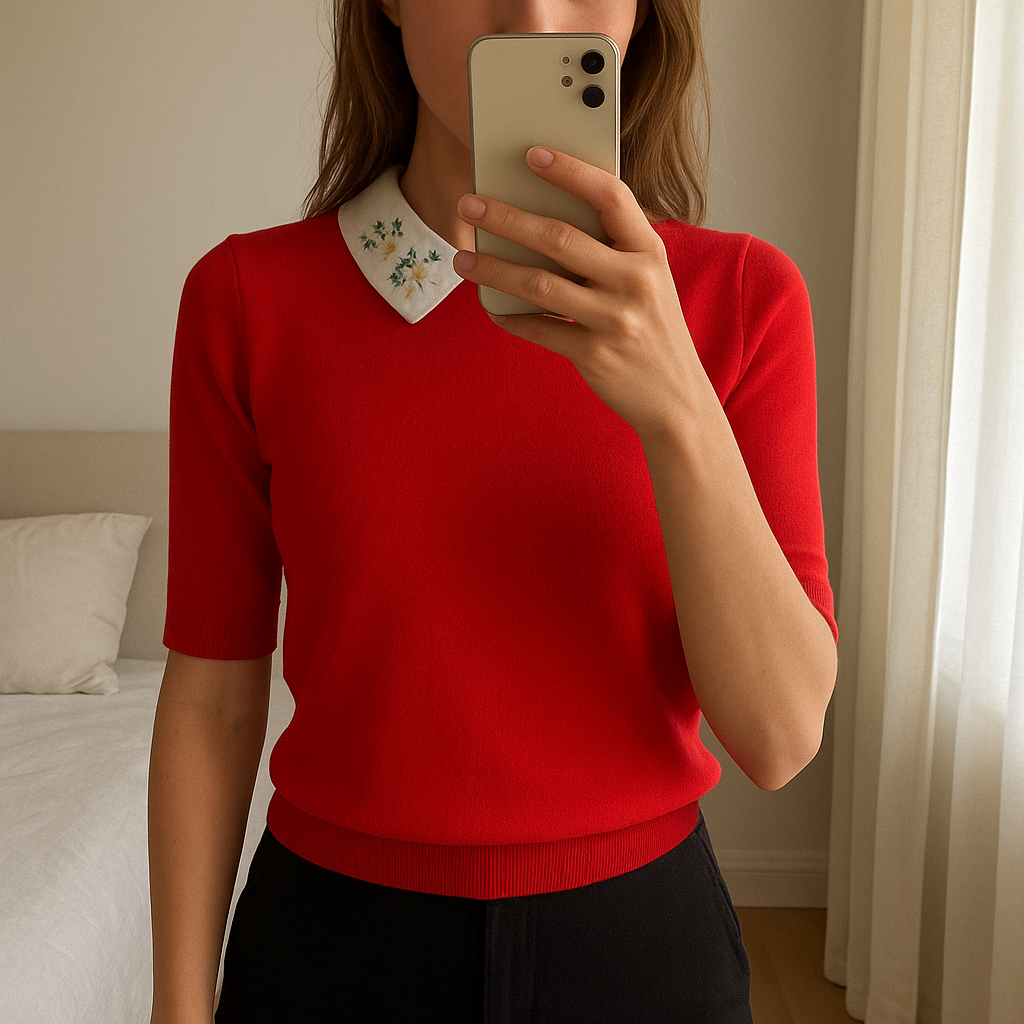 Vintage knitted blouse with floral peterpan collar debout, face à la caméra, dans une chambre à la lumière douce, avec une lumière naturelle filtrant par la fenêtre.