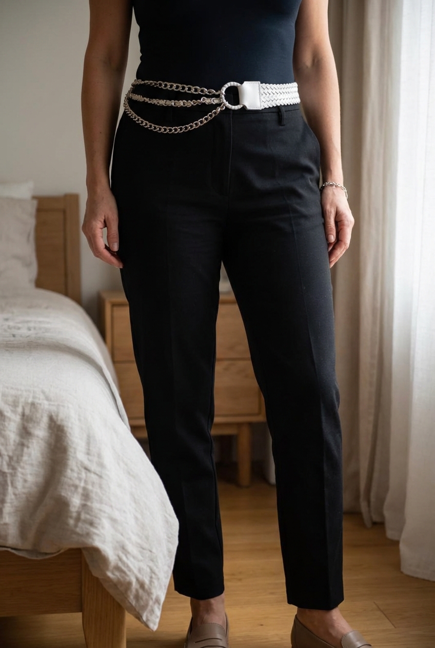 Cintura bianca in ecopelle, con catene "Entrà" in piedi, rivolto verso la fotocamera, in una camera da letto con luce soffusa e luce naturale che filtra dalla finestra.