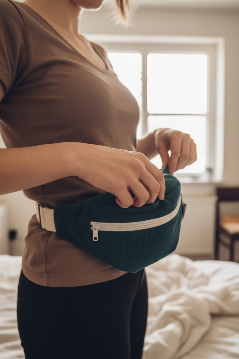 Une personne en Sac-banane Kamisarde en velours côtelé, modèle unique cambrant légèrement le dos pour une pose dynamique, dans une chambre à la lumière douce, avec une lumière naturelle filtrant par la fenêtre.