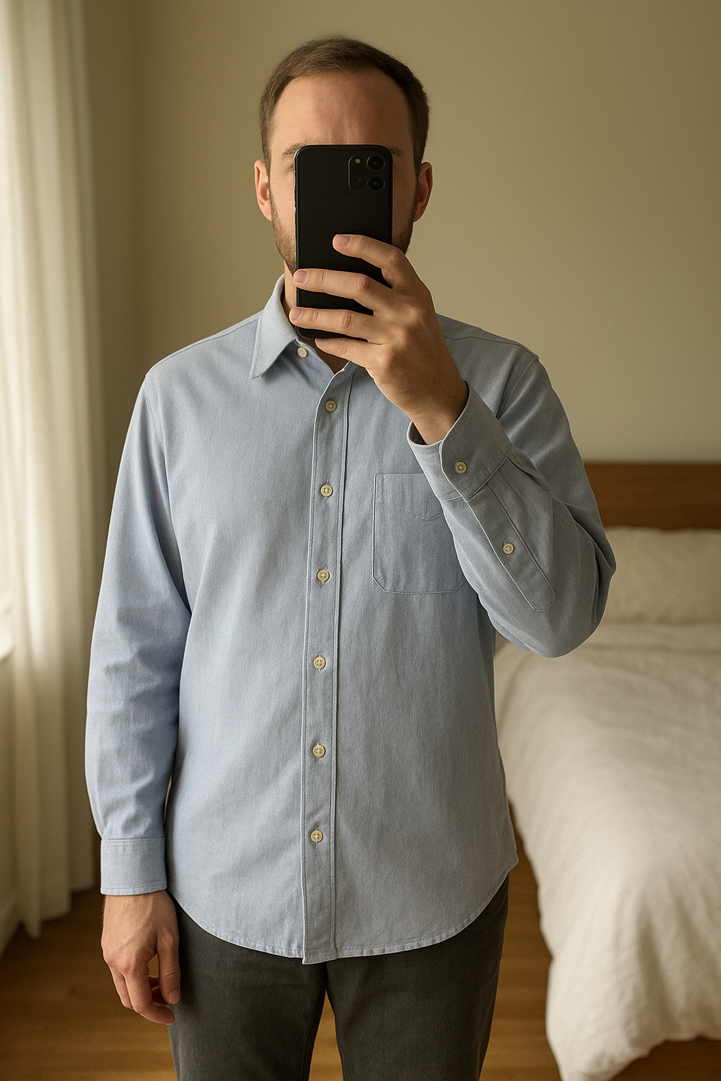 Chemise unie manches longues Tommy Hilfiger debout, face à la caméra, dans une chambre à la lumière douce, avec une lumière naturelle filtrant par la fenêtre.