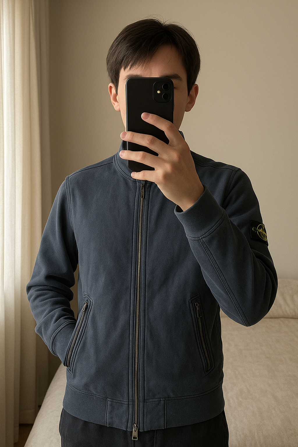 Veste Stone island junior debout, face à la caméra, dans une chambre à la lumière douce, avec une lumière naturelle filtrant par la fenêtre.