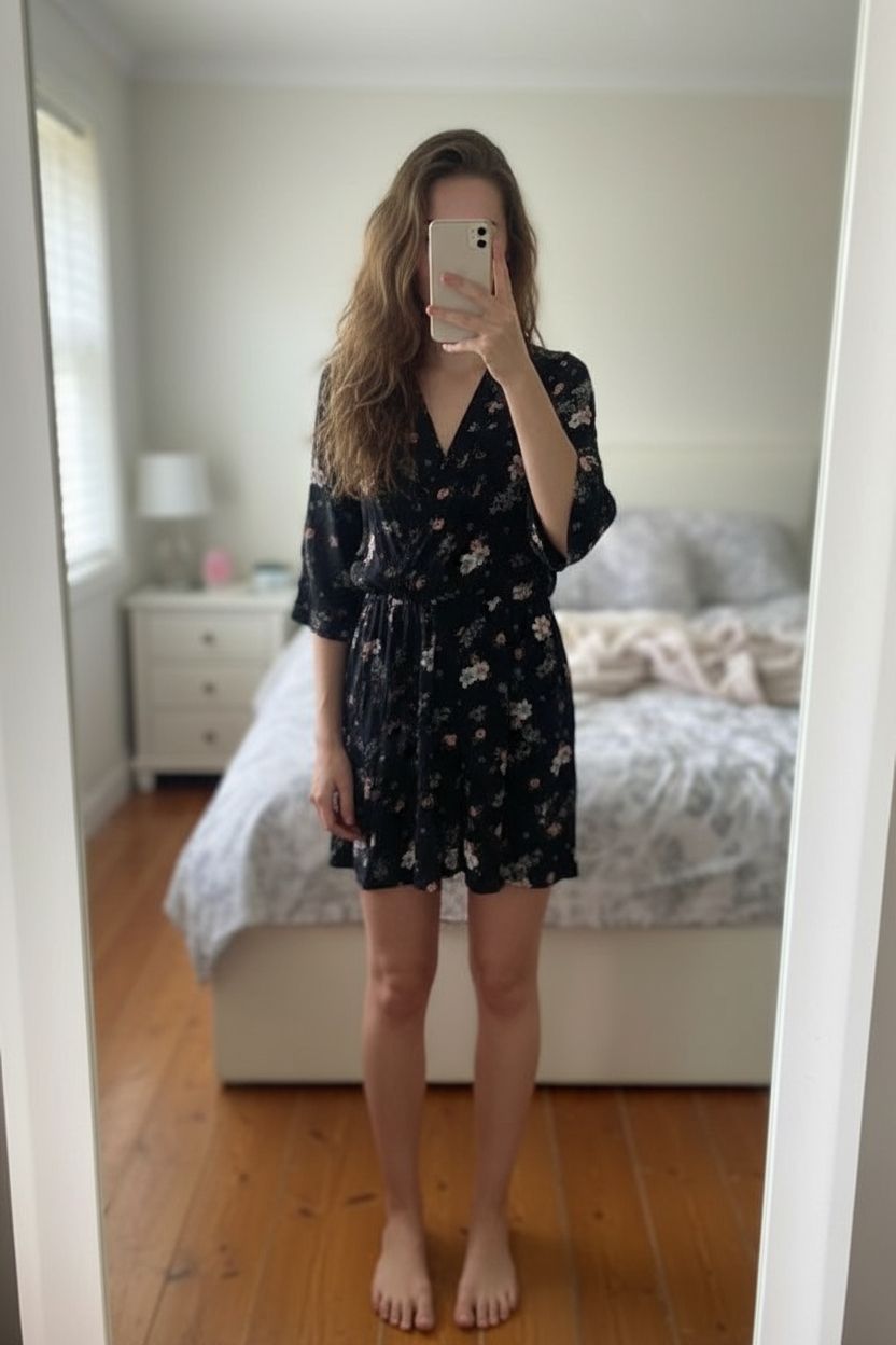 Abito floreale in piedi, rivolto verso la fotocamera, in una camera da letto con luce soffusa e luce naturale che filtra dalla finestra.