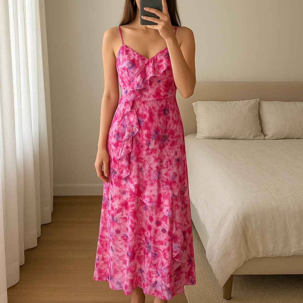 Robe Zara T36 neuf debout, face à la caméra, dans une chambre à la lumière douce, avec une lumière naturelle filtrant par la fenêtre.