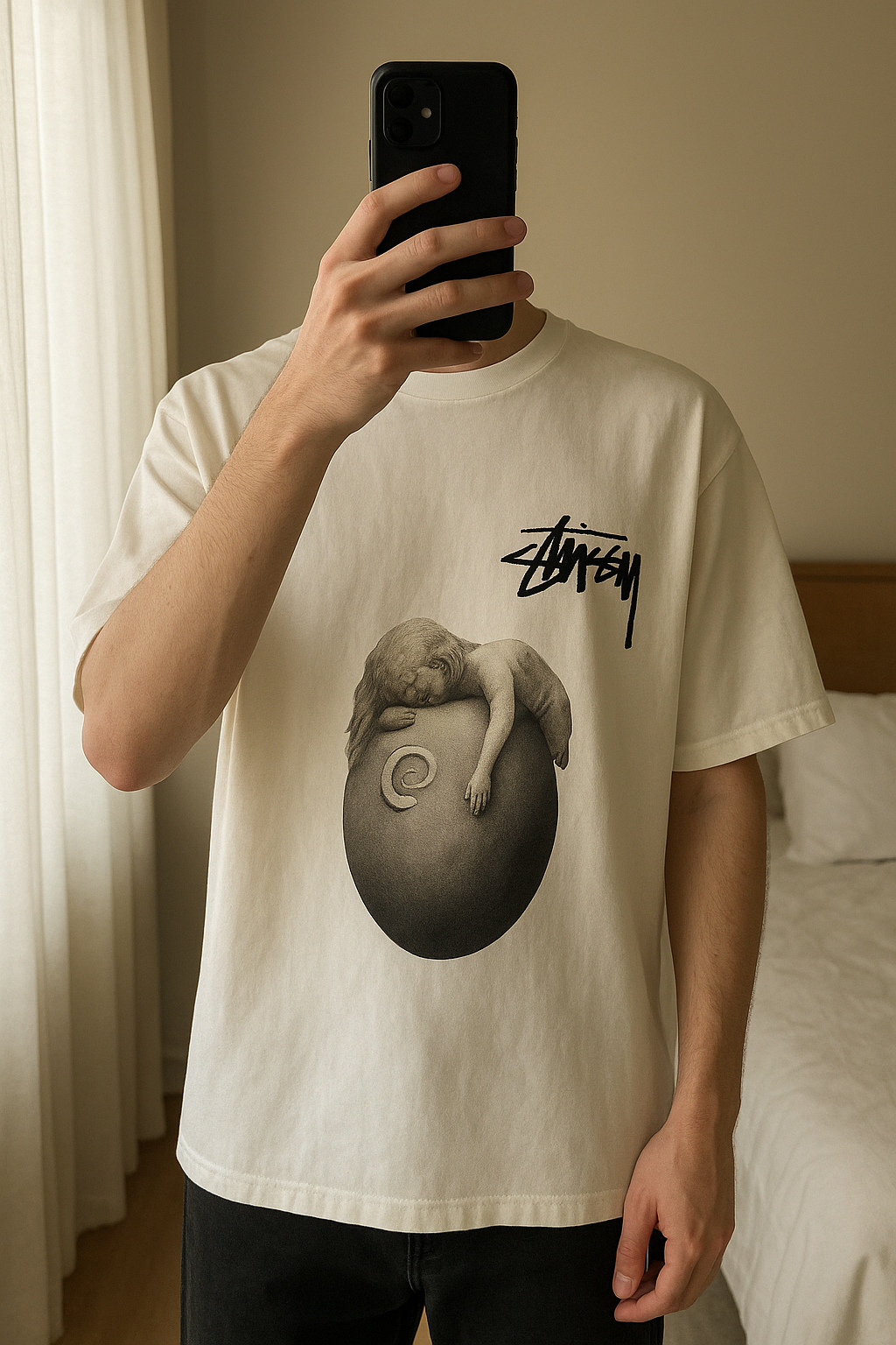 T-shirt Stussy X Kaws debout, face à la caméra, dans une chambre à la lumière douce, avec une lumière naturelle filtrant par la fenêtre.