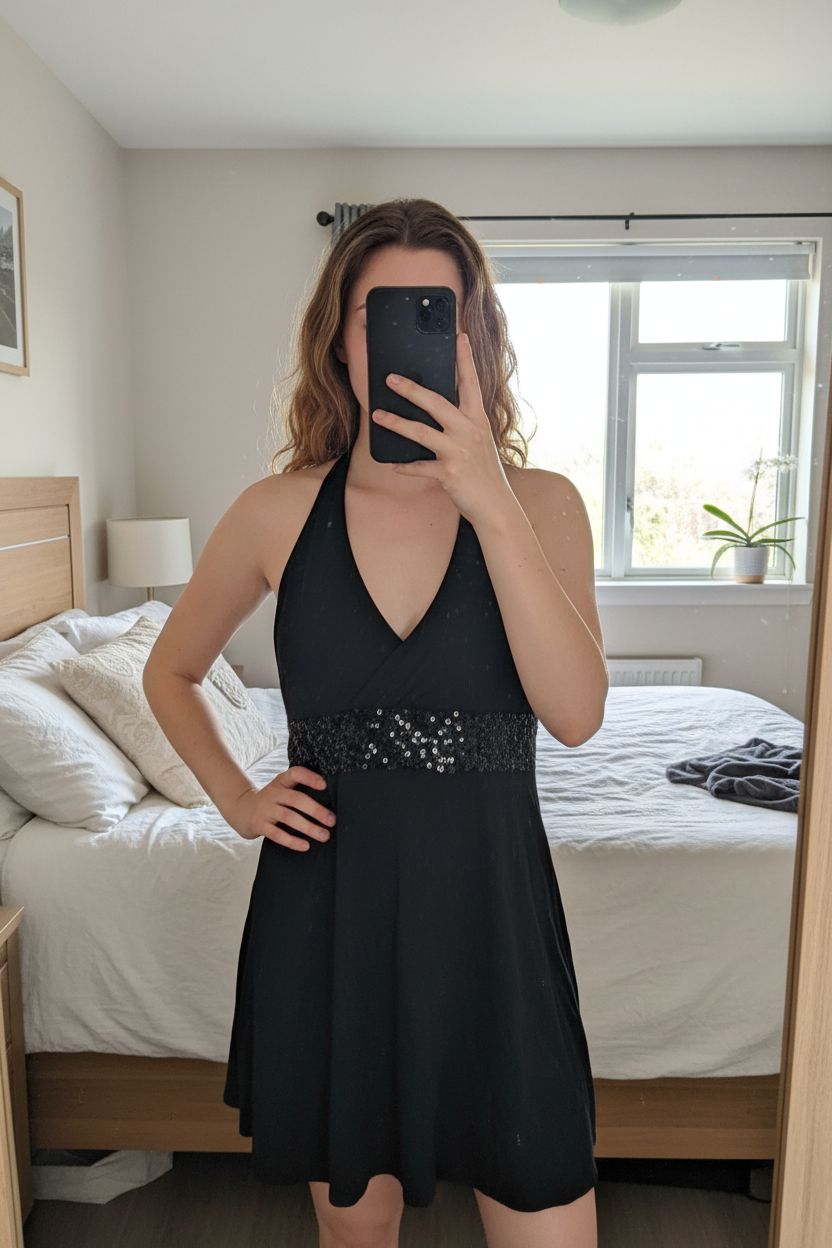 A person in Vintage Y2K black floaty sequin halterneck cami top standing straight facing the camera, in a softly lit bedroom setting, with gentle natural light filtering through a window.