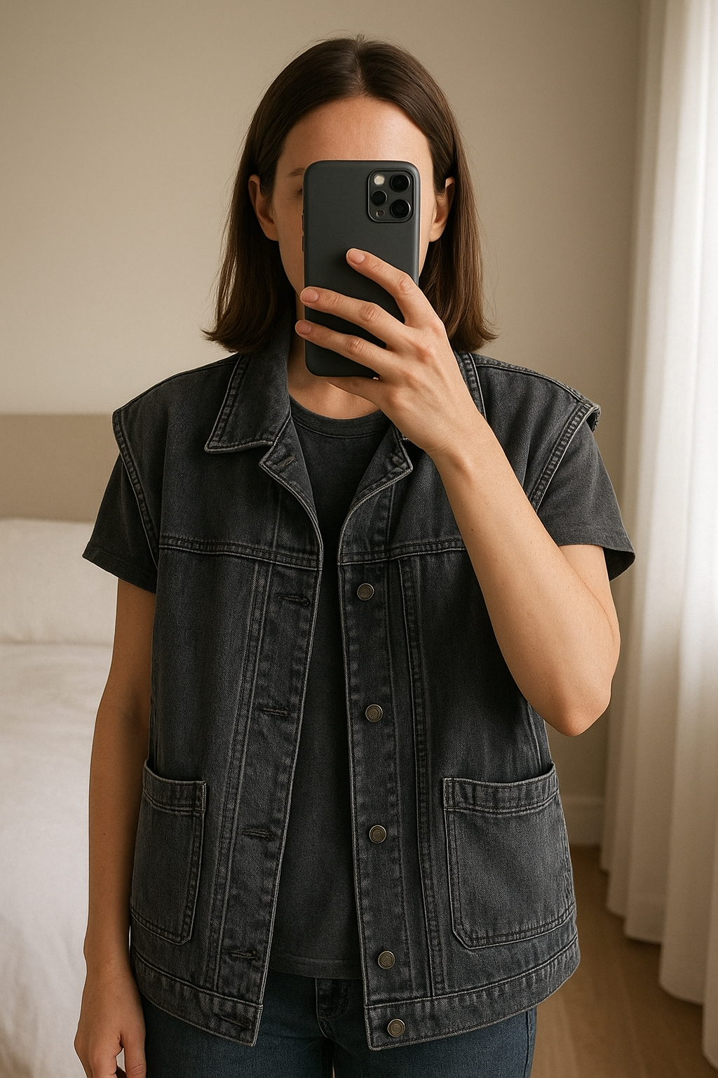 veste sans manche debout, face à la caméra, dans une chambre à la lumière douce, avec une lumière naturelle filtrant par la fenêtre.