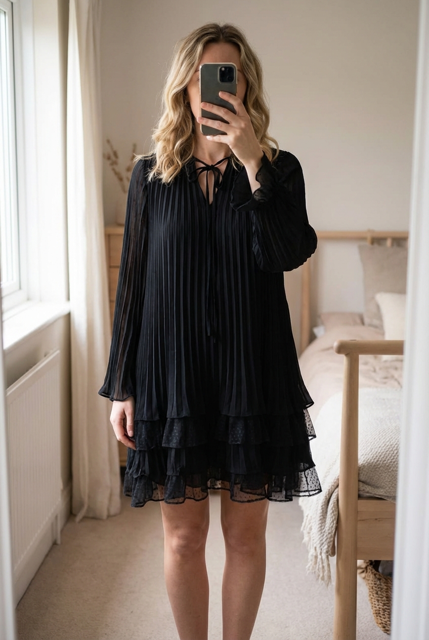Robe babydoll volantée plissée Claudie Pierlot T34 debout, face à la caméra, dans une chambre à la lumière douce, avec une lumière naturelle filtrant par la fenêtre.