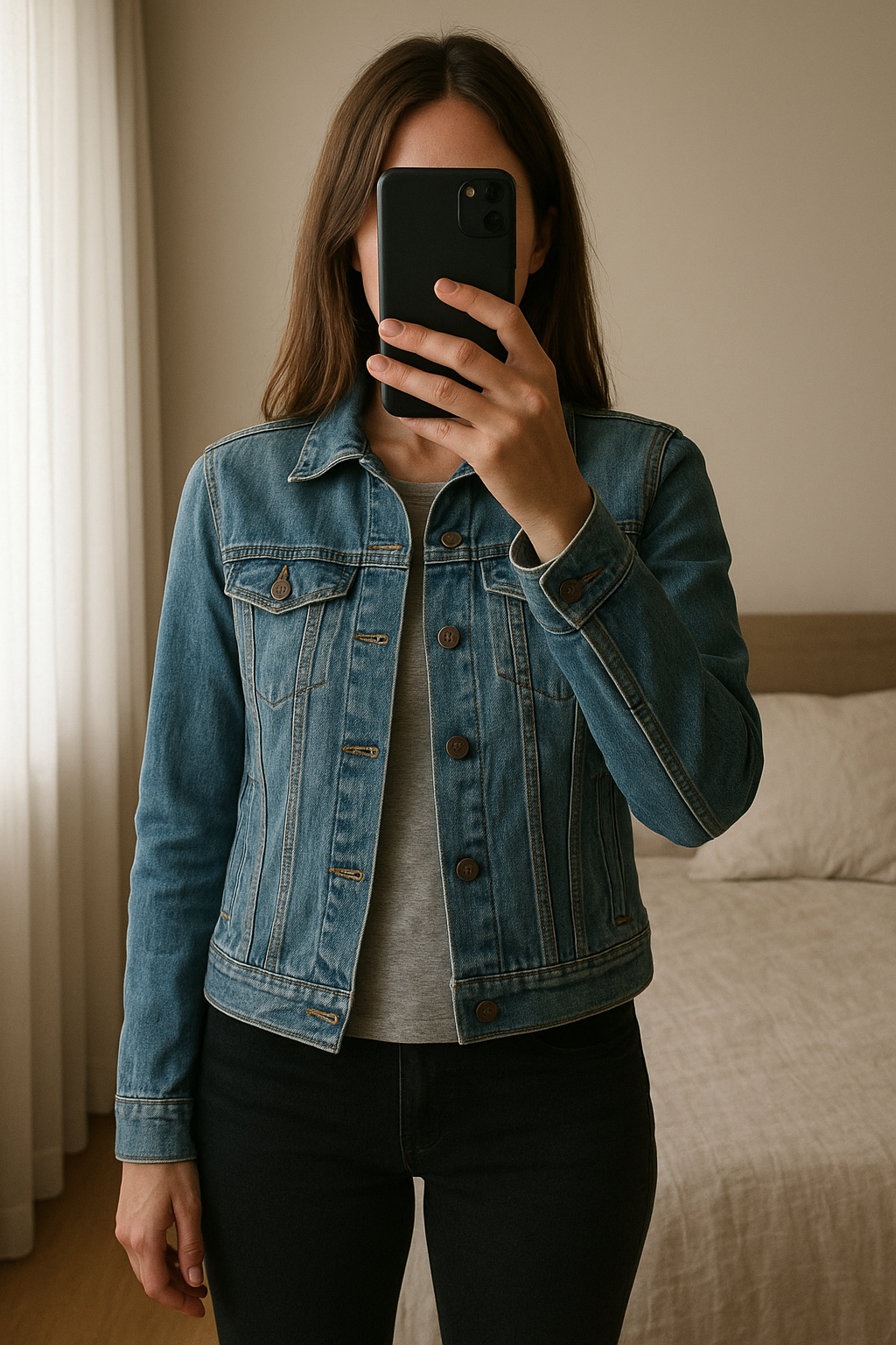Veste en jean kiabi debout, face à la caméra, dans une chambre à la lumière douce, avec une lumière naturelle filtrant par la fenêtre.