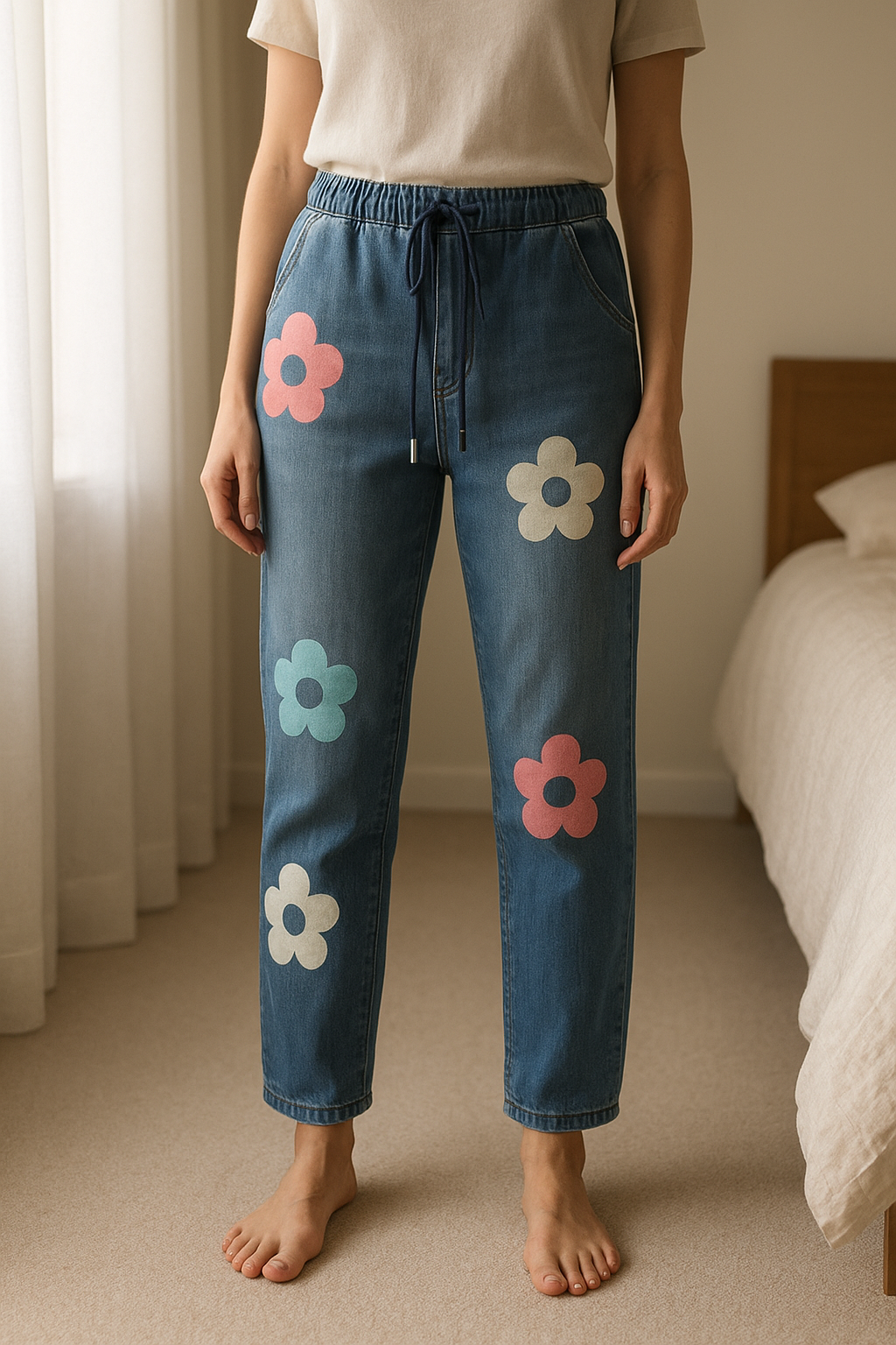 Pantalon / jean femme à motifs debout, face à la caméra, dans une chambre à la lumière douce, avec une lumière naturelle filtrant par la fenêtre.