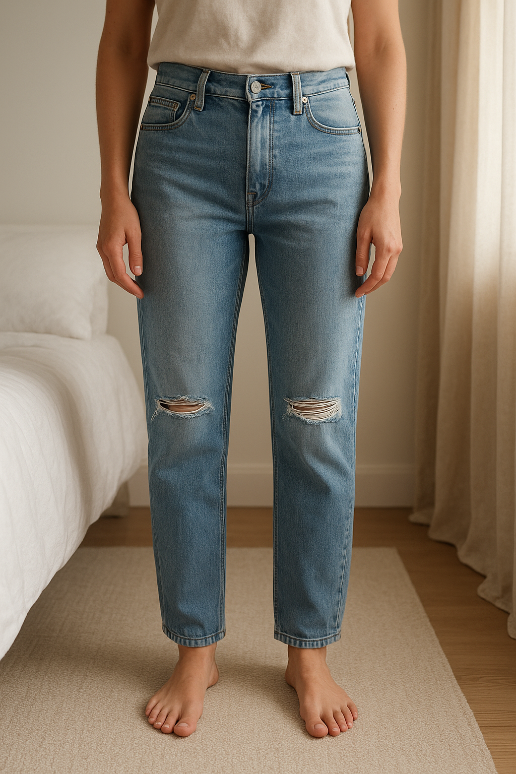 Jean droit slim taille mi haute debout, face à la caméra, dans une chambre à la lumière douce, avec une lumière naturelle filtrant par la fenêtre.