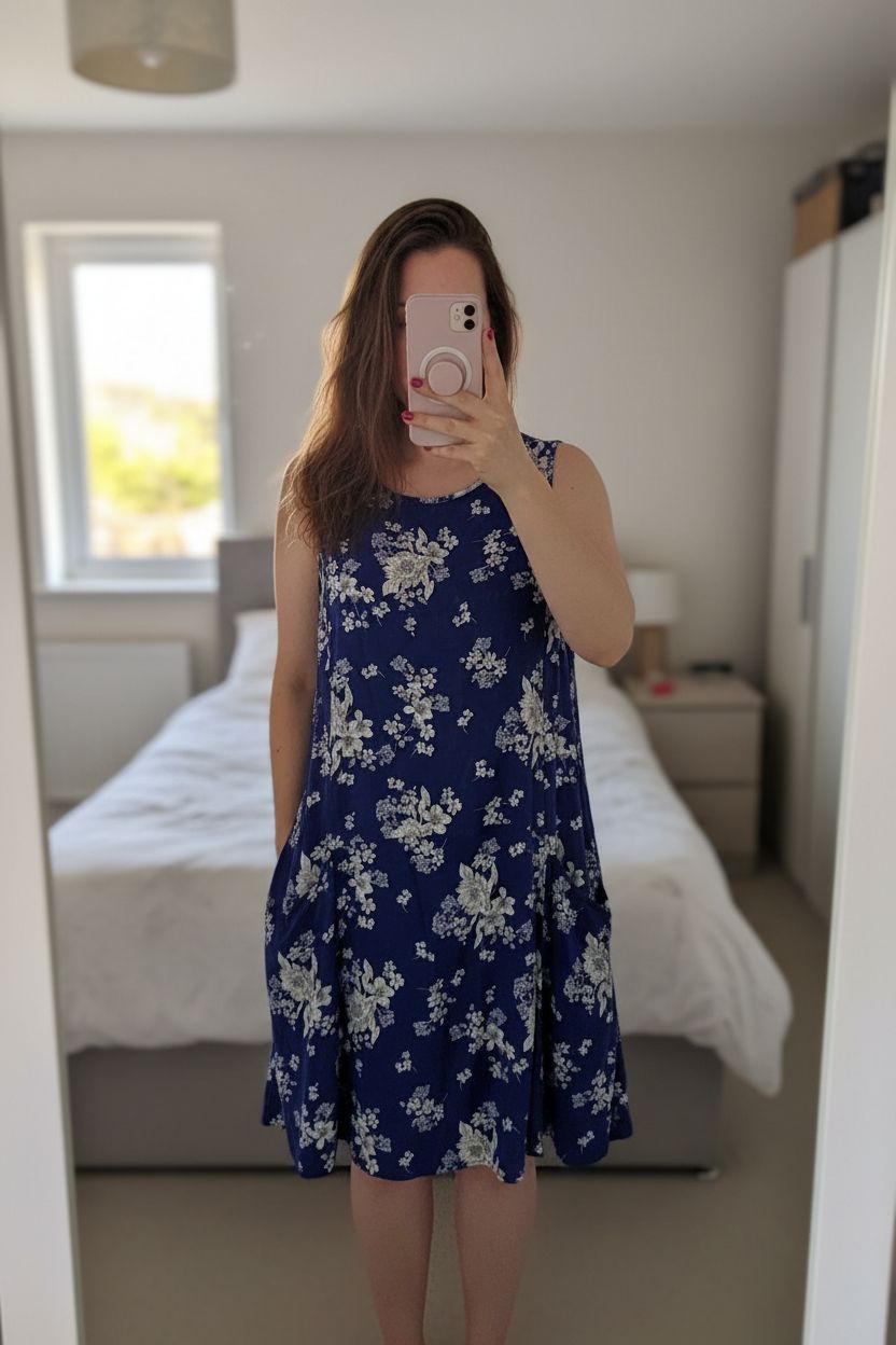 F&F Size 18 Blue Floral Summer Dress – 100% Viscose, Knee Length standing straight facing the camera, in a softly lit bedroom setting, with gentle natural light filtering through a window.